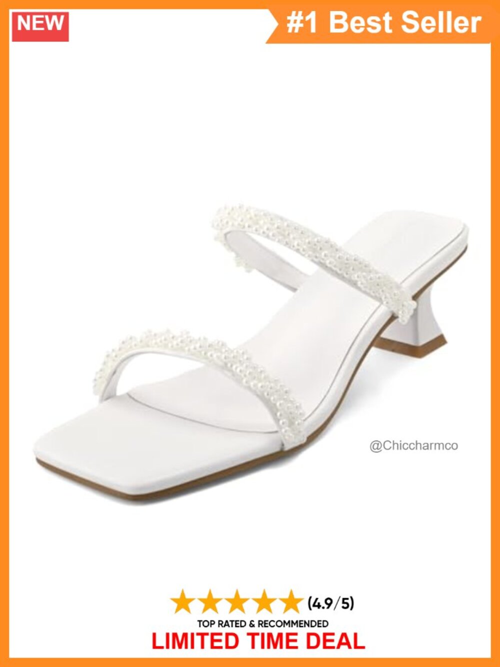 Faux Leather Pearl Kitten Heel Mules Square Toe Slip On Sandals